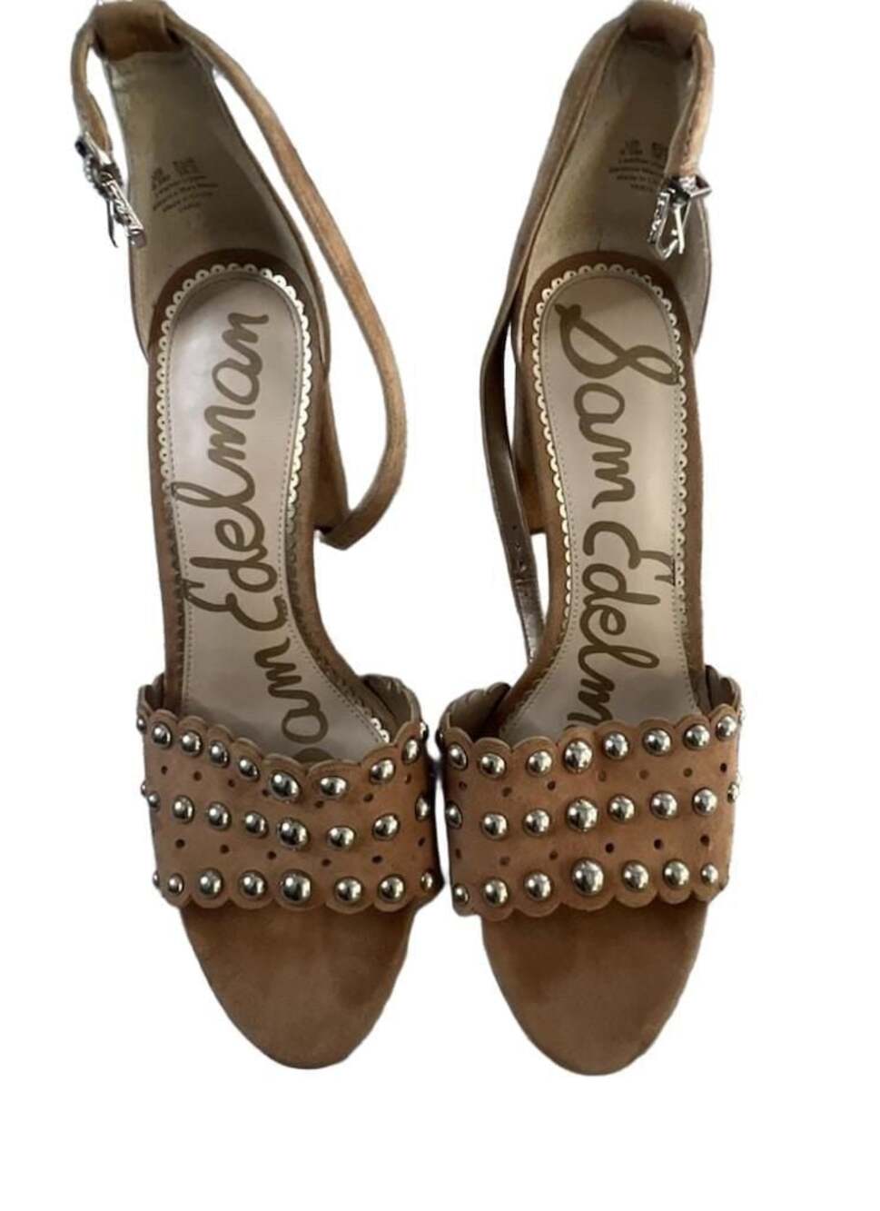 Sam Edelman Yaria Tan Suede Studded Scalloped Heeled Sandals - Picture 1 of 7